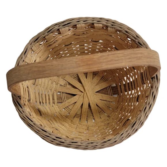 Basket Woven Brown Tall Single Oak Handle Decorative 8" x 7" Vintage Sturdy. - Picture 5 of 8